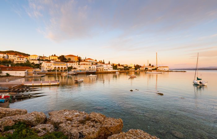 Morning view of the boats in the harbor of Spetses, Greece.