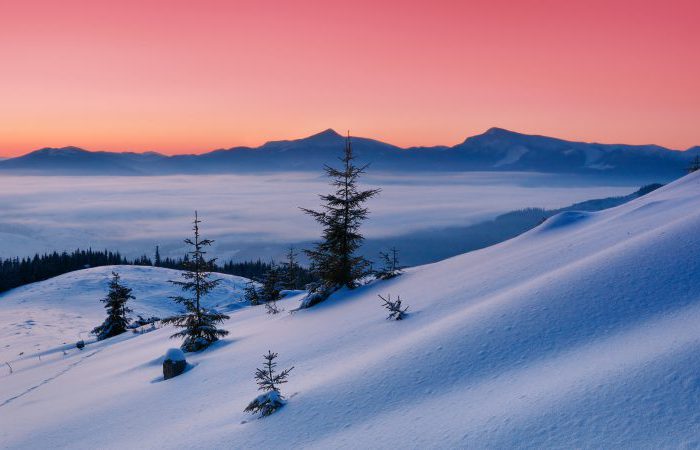 Dawn in mountains Karpati, Ukraine. Winter morning
